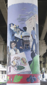 トゥレメーのアート・プロジェクト。道路を支える柱に、ニューオーリンズの黒人がくぐってきた歴史が描かれている