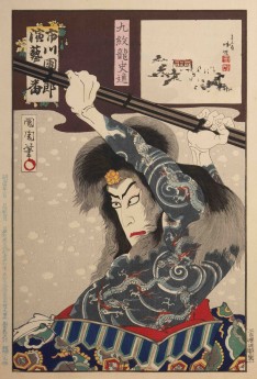 Toyohara Kunichika (1835-1900) Series: One Hundred Roles of Ichikawa Danjurō IV: ‘Nine Dragons’ Shi Jin Wood block print, ink and color on paper Signature: Kunichika hitsu 1898 15” x 10” Museum purchase 2015.007.001