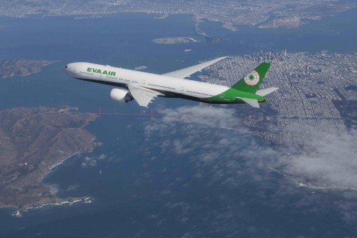 EVA Air Boeing 777-300ER photographed on October 31, 2015 from Clay Lacy Astrovision Learjet.